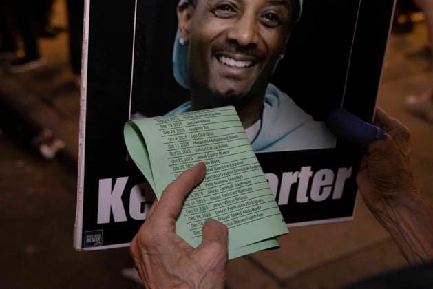 September 17, 2026: As attendees arrive for a New York Young Republican Club event with Greg Bovino, (not pictured) anti-ICE demonstrators stand outside holding signs and read the names of people who have died in Department of Homeland Security (DHS) custody or were killed by federal agents while acting as civilian rapid responders. A protester holds a list of names that are read aloud and a sign with an image of Keith Porter. Members of Rise and Resist denounce Bovino who led the Border Patrol and ICE occupation of Chicago and Minneapolis.  - ZUMAr174 20260917_znp_r174_016 Copyright: xGinaxMxRandazzox