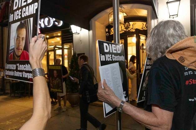 September 17, 2026: As attendees arrive for a New York Young Republican Club event with Greg Bovino, (not pictured) anti-ICE demonstrators stand outside holding signs and read the names of people who have died in Department of Homeland Security (DHS) custody or were killed by federal agents while acting as civilian rapid responders. Protesters hold signs that read DIED in ICE Custody DIED in ICE CAMP with images. Members of Rise and Resist denounce Bovino who led the Border Patrol and ICE occupation of Chicago and Minneapolis.  - ZUMAr174 20260917_znp_r174_019 Copyright: xGinaxMxRandazzox
