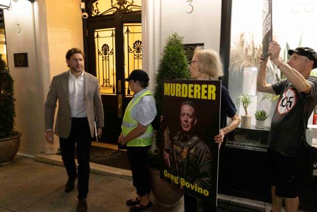 September 17, 2026: As attendees arrive for a New York Young Republican Club event with Greg Bovino, (not pictured) anti-ICE demonstrators stand outside holding signs and read the names of people who have died in Department of Homeland Security (DHS) custody or were killed by federal agents while acting as civilian rapid responders. Protesters hold signs that read MURDERER Greg Bovino with his image. Members of Rise and Resist denounce Bovino who led the Border Patrol and ICE occupation of Chicago and Minneapolis.  - ZUMAr174 20260917_znp_r174_021 Copyright: xGinaxMxRandazzox