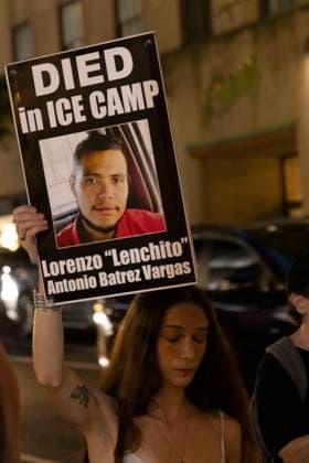 September 17, 2026: As attendees arrive for a New York Young Republican Club event with Greg Bovino, (not pictured) anti-ICE demonstrators stand outside holding signs and read the names of people who have died in Department of Homeland Security (DHS) custody or were killed by federal agents while acting as civilian rapid responders. A protester holds a sign that reads DIED in ICE CAMP Lorenzo Lenchito Antonio Batrez Vargas with a picture of him. Members of Rise and Resist denounce Bovino who led the Border Patrol and ICE occupation of Chicago and Minneapolis.  - ZUMAr174 20260917_znp_r174_022 Copyright: xGinaxMxRandazzox