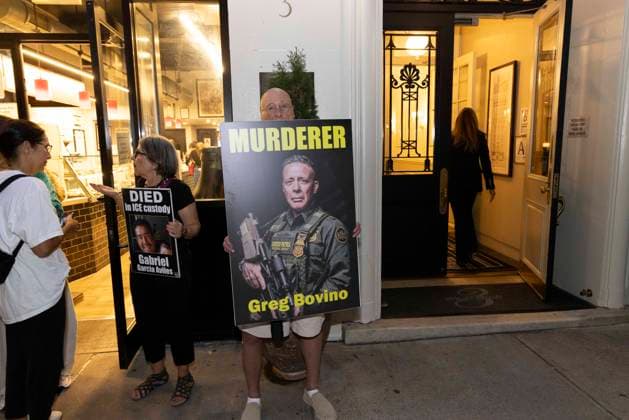 September 17, 2026: As attendees arrive for a New York Young Republican Club event with Greg Bovino, (not pictured) anti-ICE demonstrators stand outside holding signs and read the names of people who have died in Department of Homeland Security (DHS) custody or were killed by federal agents while acting as civilian rapid responders. Protesters hold signs that read MURDERER Greg Bovino with his image DIED in ICE custody Gabriel Garcia Aviles with his picture. Members of Rise and Resist denounce Bovino who led the Border Patrol and ICE occupation of Chicago and Minneapolis.. Members of Rise and Resist denounce Bovino who led the Border Patrol and ICE occupation of Chicago and Minneapolis. - ZUMAr174 20260917_znp_r174_009 Copyright: xGinaxMxRandazzox