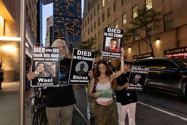September 17, 2026: As attendees arrive for a New York Young Republican Club event with Greg Bovino, (not pictured) anti-ICE demonstrators stand outside holding signs and read the names of people who have died in Department of Homeland Security (DHS) custody or were killed by federal agents while acting as civilian rapid responders. Protesters hold signs that read DIED after ICE took his dad (primary caretaker) Wael Tarabish DIED in ICE Custody Shiraz Fatehali Sachwani DIED in ICE CAMP Lorenzo Lenchito Antonio Batrez Vargas KILLED by ICE in Los Angeles Keith Porter with his picture. Members of Rise and Resist denounce Bovino who led the Border Patrol and ICE occupation of Chicago and Minneapolis. - ZUMAr174 20260917_znp_r174_011 Copyright: xGinaxMxRandazzox