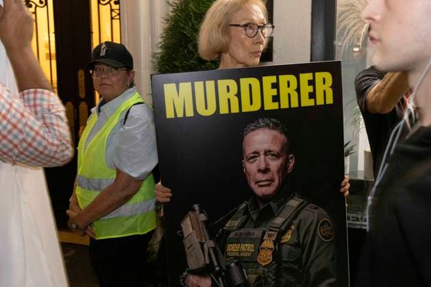 September 17, 2026: As attendees arrive for a New York Young Republican Club event with Greg Bovino, (not pictured) anti-ICE demonstrators stand outside holding signs and read the names of people who have died in Department of Homeland Security (DHS) custody or were killed by federal agents while acting as civilian rapid responders. Protesters hold signs that read MURDERER with Bovino s image. Members of Rise and Resist denounce Bovino who led the Border Patrol and ICE occupation of Chicago and Minneapolis.  - ZUMAr174 20260917_znp_r174_020 Copyright: xGinaxMxRandazzox