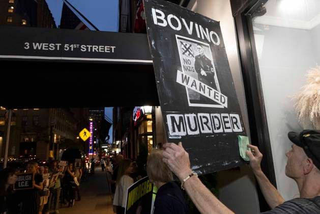 September 17, 2026: As attendees arrive for a New York Young Republican Club event with Greg Bovino, (not pictured) anti-ICE demonstrators stand outside holding signs and read the names of people who have died in Department of Homeland Security (DHS) custody or were killed by federal agents while acting as civilian rapid responders. Protesters hold signs that read BOVINO WANTED MURDER NO NAZIS. Members of Rise and Resist denounce Bovino who led the Border Patrol and ICE occupation of Chicago and Minneapolis. - ZUMAr174 20260917_znp_r174_012 Copyright: xGinaxMxRandazzox