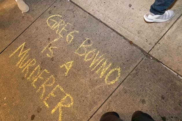 September 17, 2026: As attendees arrive for a New York Young Republican Club event with Greg Bovino, (not pictured) anti-ICE demonstrators stand outside holding signs and read the names of people who have died in Department of Homeland Security (DHS) custody or were killed by federal agents while acting as civilian rapid responders. Chalking on the sidewalk reads GREG BOVINO IS A MURDERER. Members of Rise and Resist denounce Bovino who led the Border Patrol and ICE occupation of Chicago and Minneapolis. - ZUMAr174 20260917_znp_r174_023 Copyright: xGinaxMxRandazzox