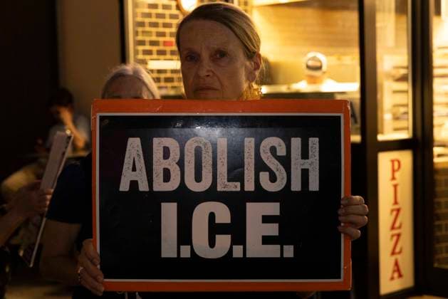September 17, 2026: As attendees arrive for a New York Young Republican Club event with Greg Bovino, (not pictured) anti-ICE demonstrators stand outside holding signs and read the names of people who have died in Department of Homeland Security (DHS) custody or were killed by federal agents while acting as civilian rapid responders. A protester holds a sign that reads ABOLISH I.C.E. Members of Rise and Resist denounce Bovino who led the Border Patrol and ICE occupation of Chicago and Minneapolis. - ZUMAr174 20260917_znp_r174_024 Copyright: xGinaxMxRandazzox