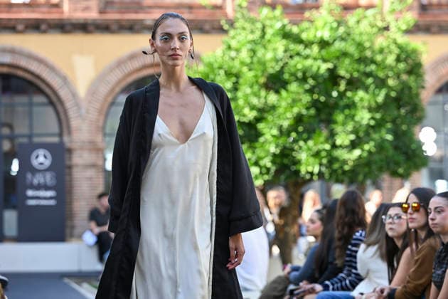 September 17, 2026, Madrid, Spain: A model parades with Odette Ãlvarez design during the Mercedes Benz Fashion Week Madrid at Cibeles Palace in Madrid. Madrid Spain  - ZUMAs197 20260917_aaa_s197_110 Copyright: xAtilanoxGarciax