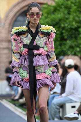 September 17, 2026, Madrid, Spain: A model parades with Odette Ãlvarez design during the Mercedes Benz Fashion Week Madrid at Cibeles Palace in Madrid. Madrid Spain  - ZUMAs197 20260917_aaa_s197_156 Copyright: xAtilanoxGarciax