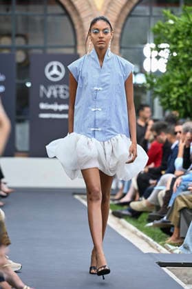 September 17, 2026, Madrid, Spain: A model parades with Odette Ãlvarez design during the Mercedes Benz Fashion Week Madrid at Cibeles Palace in Madrid. Madrid Spain  - ZUMAs197 20260917_aaa_s197_148 Copyright: xAtilanoxGarciax