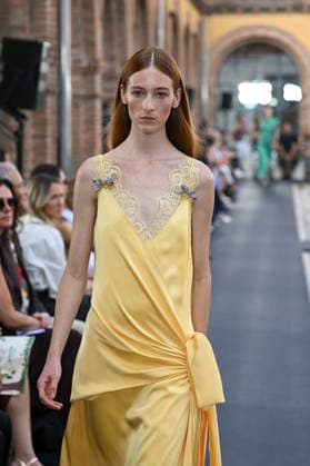 September 17, 2026, Madrid, Spain: A model parades with Isabel Sanchis design during the Mercedes Benz Fashion Week Madrid at Cibeles Palace in Madrid. Madrid Spain  - ZUMAs197 20260917_aaa_s197_356 Copyright: xAtilanoxGarciax