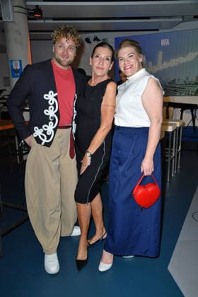Knud Riepen, Katy Karrenbauer, and Gisa Flake at the UFA Back reception at BE YOND OFFICE in Berlin on September 17, 2026