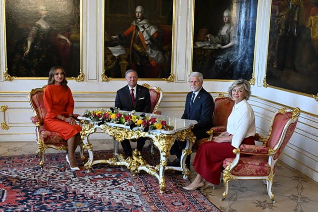 Visit by King Abdullah II of Jordan to Czechia, on September 18, 2026. Meeting with Czech President at the Prague Castle. From left: Queen Rania of Jordan, King Abdullah II of Jordan, Czech President Petr Pavel and president s wife Eva Pavlova. (CTKxPhoto KaterinaxSulova) CTKPhotoP2026091802518  CTKPhotoP2026091802518