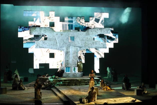 The ensemble during the photo rehearsal for *Wednesday of Light* at the Deutsche Oper in Berlin, September 17, 2026. Opera by Karlheinz Stockhausen. Musical Director: Maxime Pascal. Director: Susanne Kennedy. Set Design: Markus Selg. Costume Design: Andra Dumitrascu. The premiere is on September 19, 2026. Deutsche Oper Berlin. *Wednesday of Light*
