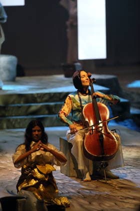 Ixchel Mendoza Hernandez and Clotilde Lacroix (cello, left), during the photo shoot for *Mittwoch aus Licht* at the Deutsche Oper in Berlin, September 17, 2026 Opera by Karlheinz Stockhausen Musical Director: Maxime Pascal Director: Susanne Kennedy Set Design: Markus Selg Costume Design: Andra Dumitrascu Premiere: September 19, 2026 Deutsche Oper Berlin *Wed