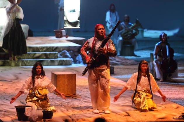 Ixchel Mendoza Hernandez, Julien Gerard Abbes (bassoon), and Marie Groothof, from left, during the photo shoot for *Mittwoch aus Licht* at the Deutsche Oper in Berlin, September 17, 2026. Opera by Karlheinz Stockhausen. Musical direction by Maxime Pascal. Directed by Susanne Kennedy. Set design by Markus Selg. Costume design by Andra Dumitrascu