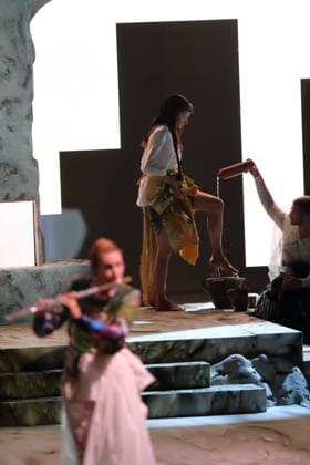 Charlotte Bletton (flute), Marie Groothof, and Dominic Santia (from left), during the photo shoot for *Mittwoch aus Licht* at the Deutsche Oper in Berlin, September 17, 2026 Opera by Karlheinz Stockhausen Musical Director: Maxime Pascal Director: Susanne Kennedy Set Design: Markus Selg Costume Design: Andra Dumitrascu Premiere on September 19, 2026 at the