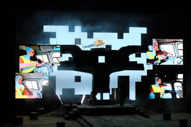 Monia Rizkallah, second violin; Anna Matz, first violin; Arne Christian Pelz, cello; and Kirsikka de Leval Jezierski, viola, clockwise, during the photo rehearsal for *Aus Licht* on Wednesday at the Deutsche Oper in Berlin, September 17, 2026. Opera by Karlheinz Stockhausen. Mu