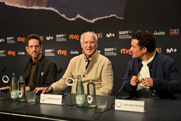 Werner Herzog Receives the Donostia Award at the San Sebastián Film Festival Director, screenwriter, producer, and actor Werner Herzog (c), accompanied by producer Ariel Leon Isacovitch (I) and actor Orlando Bloom (d), speaks with the media before receiving the Donostia Award, at the Kursaal on September 18, 2026, in San Sebastián, Guipúzcoa, Basque Country, Spain. Director, screenwriter, producer, and actor Werner Herzog will receive the Donostia Award in recognition of his career during the opening gala of the San Sebastián Film Festival, which will take place September 18–26 for its 74th edition. The Festival’s highest honorary distinction for the German filmmaker will be accompanied by a screening of his new feature film, ‘Bucking Fast  Copyright: xArnaitzxRubiox 7783870