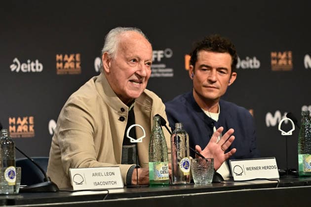 Werner Herzog Receives the Donostia Award at the San Sebastián Film Festival Director, screenwriter, producer, and actor Werner Herzog (left), accompanied by actor Orlando Bloom (right), speaks with the media before receiving the Donostia Award at the Kursaal on September 18, 2026, in San Sebastián, Guipúzcoa, Basque Country, Spain. Director, screenwriter, producer, and actor Werner Herzog will receive the Donostia Award in recognition of his career during the opening gala of the San Sebastián Film Festival, which will take place from September 18 to 26 for its 74th edition. The Festival’s highest honorary distinction for the German filmmaker will be accompanied by a screening of his new feature film, ‘Bucking Fastard,’ which competed at t  Copyright: xArnaitzxRubiox 7783886