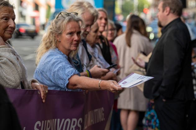 Justice for Fayed Survivors in London, UK - 18 Sep 2026 A protester hands out leaflets during a demonstration outside the main entrance to the Harrods department store in Knightsbridge. Survivors of alleged sexual abuse by former Harrods owner Mohamed Al Fayed and their supporters hold a demonstration outside Harrods department store in Knightsbridge, London. Protesters held placards, handed leaflets to members of the public and stood behind a large campaign banner outside the store entrance. The survivors are calling for the findings of a previous inquiry into allegations against Al Fayed to be made public and for a further public inquiry to examine the allegations and establish the truth surrounding the claims. London United Kingdom Copyright: xJamesxWilloughbyx xSOPAxImagesx JWILLOUGHBY_3436