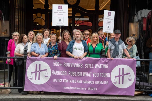 September 18, 2026, London, United Kingdom: Protesters stand behind a banner during a demonstration outside the main entrance to the Harrods department store in Knightsbridge. Survivors of alleged sexual abuse by former Harrods owner Mohamed Al Fayed and their supporters hold a demonstration outside Harrods department store in Knightsbridge, London. Protesters held placards, handed leaflets to members of the public and stood behind a large campaign banner outside the store entrance. The survivors are calling for the findings of a previous inquiry into allegations against Al Fayed to be made public and for a further public inquiry to examine the allegations and establish the truth surrounding the claims. London United Kingdom  - ZUMAs197 20260918_aaa_s197_024 Copyright: xJamesxWilloughbyx