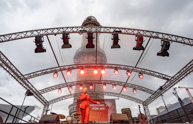 Minister-President and SPD lead candidate Manuela Schwesig at a campaign event in Rostock-Warnemünde; the SPD’s closing rally for the state election in Mecklenburg-Western Pomerania at the Warnemünde Lighthouse, Rostock-Warnemünde, Mecklenburg-Western Pomerania, Germany; lighthouse