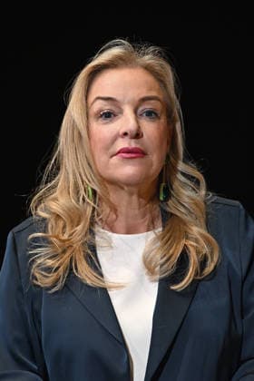 Press conference to introduce the designated artistic director of the Salzburg Festival at the Großes Festspielhaus in Salzburg, photographed on September 18, 2026. The photo shows a portrait of the president of the Salzburg Festival, Kristina Hammer, who was recently re-elected to her position for seve