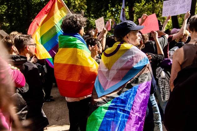 September 18, 2026, Berlin, Germany: BERLIN, GERMANY, SEPTEMBER 18, 2026: LGBTQ+ activists and supporters demonstrate outside the Turkish Embassy in Berlin in solidarity with LGBTQ+ communities in Turkey following a series of raids and arrests targeting activists and organizations. Demonstrators called for the release of those detained and condemned the Turkish authoritiesÃ¢â‚¬â ¢ recent actions against LGBTQ+ groups. Turkish authorities have carried out coordinated raids across multiple provinces as part of investigations involving LGBTQ+ organizations and activists. Berlin Germany  - ZUMAq101 20260918_zna_q101_055 Copyright: xAndro SxTrujillox
