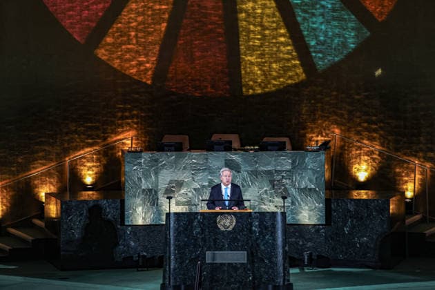 September 18, 2026, New York, New York, United States: Under the Rainbow SDG logo encircled around the UN LOGO, the UN Secretary General, ANTONIO GUTERRES, speaks in the United Nations General Assembly Hall during the 2026 SDG Moment, closing the first working week of UNGA81 as world leaders begin gathering for the annual High-Level Week. Held under the theme Together, We Can Do It, the event marks the beginning of the final stretch towards the 2030 deadline for the Sustainable Development Goals, highlighting progress while calling for accelerated action, investment and partnerships to close remaining implementation gaps. New York United States - ZUMAo116 20260918_znp_o116_008 Copyright: xBiancaxOterox