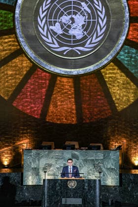 September 18, 2026, New York, New York, United States: Under the Rainbow SDG logo encircled around the UN LOGO, the UN President of the General Assembly, KHALILUR RAHMAN, speaks in the United Nations General Assembly Hall during the 2026 SDG Moment, closing the first working week of UNGA81 as world leaders begin gathering for the annual High-Level Week. Held under the theme Together, We Can Do It, the event marks the beginning of the final stretch towards the 2030 deadline for the Sustainable Development Goals, highlighting progress while calling for accelerated action, investment and partnerships to close remaining implementation gaps. New York United States  - ZUMAo116 20260918_znp_o116_012 Copyright: xBiancaxOterox