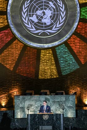 September 18, 2026, New York, New York, United States: Under the Rainbow SDG logo encircled around the UN LOGO, the UN President of the General Assembly, KHALILUR RAHMAN, speaks in the United Nations General Assembly Hall during the 2026 SDG Moment, closing the first working week of UNGA81 as world leaders begin gathering for the annual High-Level Week. Held under the theme Together, We Can Do It, the event marks the beginning of the final stretch towards the 2030 deadline for the Sustainable Development Goals, highlighting progress while calling for accelerated action, investment and partnerships to close remaining implementation gaps. New York United States - ZUMAo116 20260918_znp_o116_011 Copyright: xBiancaxOterox
