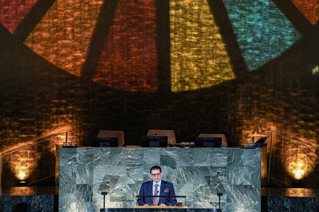 September 18, 2026, New York, New York, United States: Under the Rainbow SDG logo encircled around the UN LOGO, the UN President of the General Assembly, KHALILUR RAHMAN, speaks in the United Nations General Assembly Hall during the 2026 SDG Moment, closing the first working week of UNGA81 as world leaders begin gathering for the annual High-Level Week. Held under the theme Together, We Can Do It, the event marks the beginning of the final stretch towards the 2030 deadline for the Sustainable Development Goals, highlighting progress while calling for accelerated action, investment and partnerships to close remaining implementation gaps. New York United States - ZUMAo116 20260918_znp_o116_013 Copyright: xBiancaxOterox
