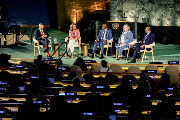 September 18, 2026, New York, New York, United States: SABC journalist SHERWIN BRYCE-PEASE moderates a LeadersÃ¢â‚¬â ¢ Dialogue during the 2026 SDG Moment in the United Nations General Assembly Hall, with European Commission Executive Vice-President TERESA RIBERA, Benin Minister of Economy and Finance in charge of Cooperation ARISTIDE MEDOUN, Panama Minister of Social Development BEATRIZ CARLES DE ARANGO and Bangladesh Adviser RASHID AL MAHMUD TITUMIR. The discussion focused on accelerating implementation of the Sustainable Development Goals, including development financing, investment, social protection and international cooperation. New York United States  - ZUMAo116 20260918_znp_o116_017 Copyright: xBiancaxOterox