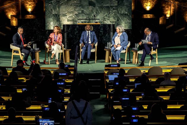September 18, 2026, New York, New York, United States: SABC journalist SHERWIN BRYCE-PEASE moderates a LeadersÃ¢â‚¬â ¢ Dialogue during the 2026 SDG Moment in the United Nations General Assembly Hall, with European Commission Executive Vice-President TERESA RIBERA, Benin Minister of Economy and Finance in charge of Cooperation ARISTIDE MEDOUN, Panama Minister of Social Development BEATRIZ CARLES DE ARANGO and Bangladesh Adviser RASHID AL MAHMUD TITUMIR. The discussion focused on accelerating implementation of the Sustainable Development Goals, including development financing, investment, social protection and international cooperation. New York United States  - ZUMAo116 20260918_znp_o116_019 Copyright: xBiancaxOterox