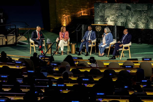 September 18, 2026, New York, New York, United States: SABC journalist SHERWIN BRYCE-PEASE moderates a LeadersÃ¢â‚¬â ¢ Dialogue during the 2026 SDG Moment in the United Nations General Assembly Hall, with European Commission Executive Vice-President TERESA RIBERA, Benin Minister of Economy and Finance in charge of Cooperation ARISTIDE MEDOUN, Panama Minister of Social Development BEATRIZ CARLES DE ARANGO and Bangladesh Adviser RASHID AL MAHMUD TITUMIR. The discussion focused on accelerating implementation of the Sustainable Development Goals, including development financing, investment, social protection and international cooperation. New York United States - ZUMAo116 20260918_znp_o116_018 Copyright: xBiancaxOterox