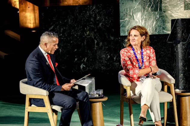 September 18, 2026, New York, New York, United States: SABC UN Bureau Chief and Correspondent SHERWIN BRYCE-PEASE speaks with European Commission Executive Vice-President TERESA RIBERA during a LeadersÃ¢â‚¬â ¢ Dialogue at the 2026 SDG Moment in the United Nations General Assembly Hall. New York United States  - ZUMAo116 20260918_znp_o116_020 Copyright: xBiancaxOterox