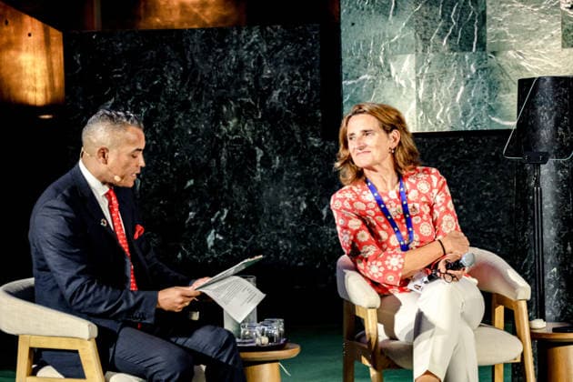 September 18, 2026, New York, New York, United States: SABC UN Bureau Chief and Correspondent SHERWIN BRYCE-PEASE speaks with European Commission Executive Vice-President TERESA RIBERA during a LeadersÃ¢â‚¬â ¢ Dialogue at the 2026 SDG Moment in the United Nations General Assembly Hall. New York United States  - ZUMAo116 20260918_znp_o116_021 Copyright: xBiancaxOterox