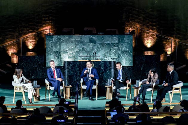 September 18, 2026, New York, New York, United States: Al Jazeera senior anchor FOLLY BAH THIBAULT moderates a multi-stakeholder dialogue with CHARITY ROPATI, DAMILOLA OGUNBIYI, ISSA FAYE and MARIAM SOLIKA during the 2026 SDG Moment in the United Nations General Assembly Hall. Held under the theme Unlocking Possibilities for People and Planet, the discussion focused on accelerating practical solutions towards the Sustainable Development Goals, including clean energy, climate action, financing, youth leadership and community-led innovation. New York United States - ZUMAo116 20260918_znp_o116_023 Copyright: xBiancaxOterox