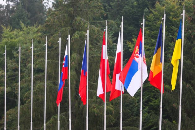 State flags of participating countries fly on the flagpoles during the Carpathian 8 Summit in Ivano-Frankivsk region, Ukraine, September 18, 2026. On this day, President of Ukraine Volodymyr Zelenskyy announced the launch of a new format - the Carpathian Eight (C8) - comprising Austria, the Czech Republic, Hungary, Poland, Romania, Serbia, Slovakia, and Ukraine. (Photo by Yurii Rylchuk Ukrinform) Carpathian 8 Summit in western Ukraine  Copyright: xYuriixRylchukx