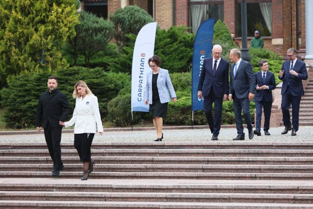 President of Ukraine Volodymyr Zelenskyy, First Lady of Ukraine Olena Zelenska, President of the Federal Council of Austria Christine Schwarz-Fuchs, First Vice-President of the Senate of the Czech Republic Jiri Drahos, Prime Minister of Poland Donald Tusk, President of Romania Nicusor Dan, and President of Serbia Aleksandar Vucic (left to right) attend the Carpathian 8 Summit in Ivano-Frankivsk region, Ukraine, September 18, 2026. On this day, President of Ukraine Volodymyr Zelenskyy announced the launch of a new format - the Carpathian Eight (C8) - comprising Austria, the Czech Republic, Hungary, Poland, Romania, Serbia, Slovakia, and Ukraine. (Photo by Yurii Rylchuk Ukrinform) Carpathian 8 Summit in western Ukraine  Copyright: xYuriixRylchukx