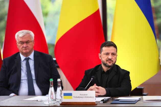 President of Ukraine Volodymyr Zelenskyy (right) and Minister of Foreign Affairs of Ukraine Andrii Sybiha participate in the first plenary session of the Carpathian 8 Summit in Ivano-Frankivsk region, Ukraine, September 18, 2026. On this day, President of Ukraine Volodymyr Zelenskyy announced the launch of a new format - the Carpathian Eight (C8) - comprising Austria, the Czech Republic, Hungary, Poland, Romania, Serbia, Slovakia, and Ukraine. (Photo by Yurii Rylchuk Ukrinform) Carpathian 8 Summit in western Ukraine  Copyright: xYuriixRylchukx