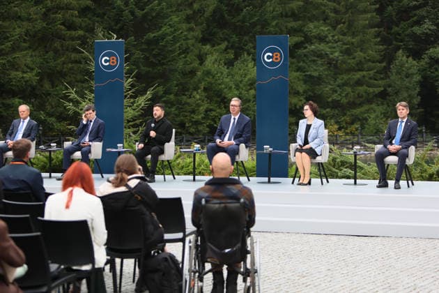 Prime Minister of Poland Donald Tusk, President of Romania Nicusor Dan, President of Ukraine Volodymyr Zelenskyy, President of Serbia Aleksandar Vucic, President of the Federal Council of Austria Christine Schwarz-Fuchs, and State Secretary of the Ministry of Foreign and European Affairs of Slovakia Marek Estok (left to right) participate in a news conference during the Carpathian 8 Summit in Ivano-Frankivsk region, Ukraine, September 18, 2026. On this day, President of Ukraine Volodymyr Zelenskyy announced the launch of a new format - the Carpathian Eight (C8) - comprising Austria, the Czech Republic, Hungary, Poland, Romania, Serbia, Slovakia, and Ukraine. (Photo by Yurii Rylchuk Ukrinform) Carpathian 8 Summit in western Ukraine  Copyright: xYuriixRylchukx
