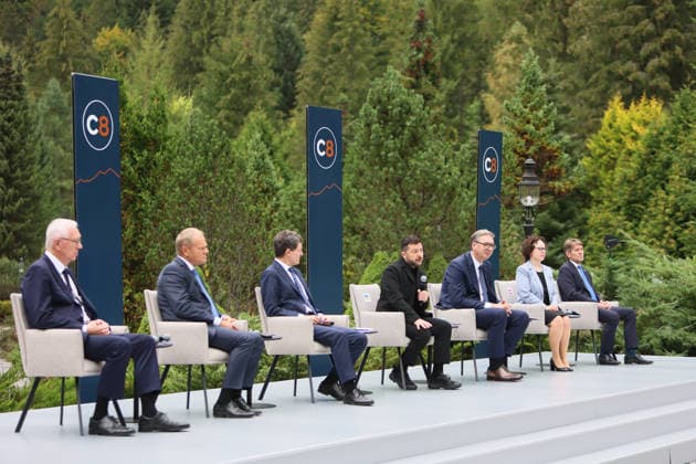 First Vice-President of the Senate of the Czech Republic Jiri Drahos, Prime Minister of Poland Donald Tusk, President of Romania Nicusor Dan, President of Ukraine Volodymyr Zelenskyy, President of Serbia Aleksandar Vucic, President of the Federal Council of Austria Christine Schwarz-Fuchs, and State Secretary of the Ministry of Foreign and European Affairs of Slovakia Marek Estok (left to right) participate in a news conference during the Carpathian 8 Summit in Ivano-Frankivsk region, Ukraine, September 18, 2026. On this day, President of Ukraine Volodymyr Zelenskyy announced the launch of a new format - the Carpathian Eight (C8) - comprising Austria, the Czech Republic, Hungary, Poland, Romania, Serbia, Slovakia, and Ukraine. (Photo by Yur  Copyright: xYuriixRylchukx