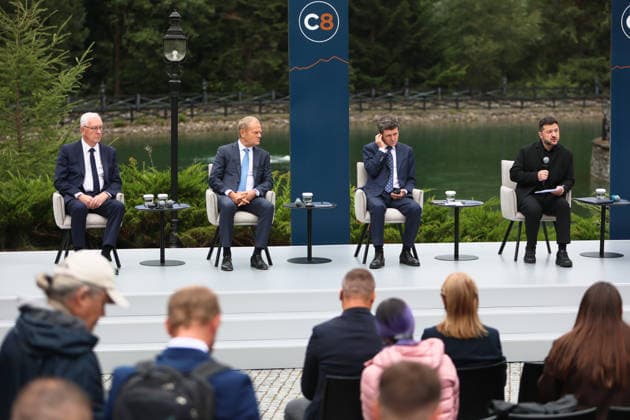 First Vice-President of the Senate of the Czech Republic Jiri Drahos, Prime Minister of Poland Donald Tusk, President of Romania Nicusor Dan, and President of Ukraine Volodymyr Zelenskyy (left to right) participate in a news conference during the Carpathian 8 Summit in Ivano-Frankivsk region, Ukraine, September 18, 2026. On this day, President of Ukraine Volodymyr Zelenskyy announced the launch of a new format - the Carpathian Eight (C8) - comprising Austria, the Czech Republic, Hungary, Poland, Romania, Serbia, Slovakia, and Ukraine. (Photo by Yurii Rylchuk Ukrinform) Carpathian 8 Summit in western Ukraine  Copyright: xYuriixRylchukx