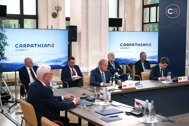 First Vice-President of the Senate of the Czech Republic Jiri Drahos, Prime Minister of Poland Donald Tusk, and President of Romania Nicusor Dan (left to right) participate in the first plenary sitting of the Carpathian 8 Summit in Ivano-Frankivsk region, Ukraine, September 18, 2026. On this day, President of Ukraine Volodymyr Zelenskyy announced the launch of a new format - the Carpathian Eight (C8) - comprising Austria, the Czech Republic, Hungary, Poland, Romania, Serbia, Slovakia, and Ukraine. (Photo by Yurii Rylchuk Ukrinform) Carpathian 8 Summit in western Ukraine  Copyright: xYuriixRylchukx