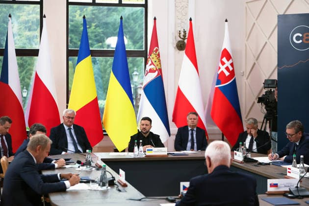 Minister of Foreign Affairs of Ukraine Andrii Sybiha, President of Ukraine Volodymyr Zelenskyy and First Deputy Head of the Office of the President of Ukraine Sergiy Kyslytsya (left to right) participate in the first plenary session of the Carpathian 8 Summit in Ivano-Frankivsk region, Ukraine, September 18, 2026. On this day, President of Ukraine Volodymyr Zelenskyy announced the launch of a new format - the Carpathian Eight (C8) - comprising Austria, the Czech Republic, Hungary, Poland, Romania, Serbia, Slovakia, and Ukraine. (Photo by Yurii Rylchuk Ukrinform) Carpathian 8 Summit in western Ukraine  Copyright: xYuriixRylchukx