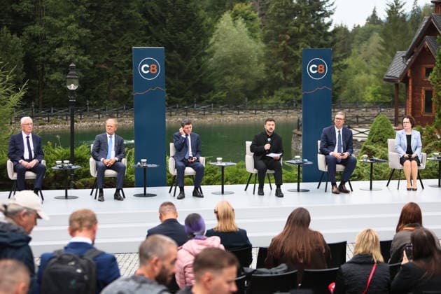 First Vice-President of the Senate of the Czech Republic Jiri Drahos, Prime Minister of Poland Donald Tusk, President of Romania Nicusor Dan, President of Ukraine Volodymyr Zelenskyy, President of Serbia Aleksandar Vucic, and President of the Federal Council of Austria Christine Schwarz-Fuchs (left to right) participate in a news conference during the Carpathian 8 Summit in Ivano-Frankivsk region, Ukraine, September 18, 2026. On this day, President of Ukraine Volodymyr Zelenskyy announced the launch of a new format - the Carpathian Eight (C8) - comprising Austria, the Czech Republic, Hungary, Poland, Romania, Serbia, Slovakia, and Ukraine. (Photo by Yurii Rylchuk Ukrinform) Carpathian 8 Summit in western Ukraine  Copyright: xYuriixRylchukx