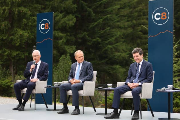 First Vice-President of the Senate of the Czech Republic Jiri Drahos, Prime Minister of Poland Donald Tusk, and President of Romania Nicusor Dan (left to right) attend a news conference during the Carpathian 8 Summit in Ivano-Frankivsk region, Ukraine, September 18, 2026. On this day, President of Ukraine Volodymyr Zelenskyy announced the launch of a new format - the Carpathian Eight (C8) - comprising Austria, the Czech Republic, Hungary, Poland, Romania, Serbia, Slovakia, and Ukraine. (Photo by Yurii Rylchuk Ukrinform) Carpathian 8 Summit in western Ukraine  Copyright: xYuriixRylchukx