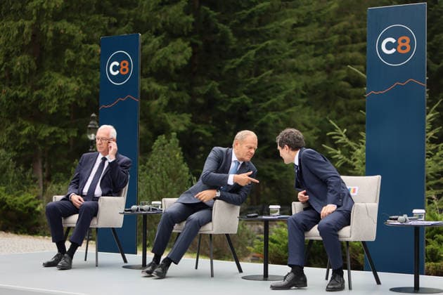 First Vice-President of the Senate of the Czech Republic Jiri Drahos, Prime Minister of Poland Donald Tusk, and President of Romania Nicusor Dan (left to right) attend a news conference during the Carpathian 8 Summit in Ivano-Frankivsk region, Ukraine, September 18, 2026. On this day, President of Ukraine Volodymyr Zelenskyy announced the launch of a new format - the Carpathian Eight (C8) - comprising Austria, the Czech Republic, Hungary, Poland, Romania, Serbia, Slovakia, and Ukraine. (Photo by Yurii Rylchuk Ukrinform) Carpathian 8 Summit in western Ukraine  Copyright: xYuriixRylchukx