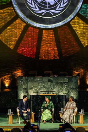 September 18, 2026, New York, New York, United States: United Nations Deputy Secretary-General AMINA J. MOHAMMED speaks during a fireside conversation at the 2026 SDG Moment in the United Nations General Assembly Hall, alongside UN Assistant Secretary-General for Youth Affairs PHILIPPE PAOLI, left, and former First Lady of Namibia and UN SDG Advocate MONICA GEINGOS. The discussion focused on intergenerational solidarity, meaningful youth participation and accelerating progress towards the Sustainable Development Goals. New York United States  - ZUMAo116 20260918_znp_o116_026 Copyright: xBiancaxOterox